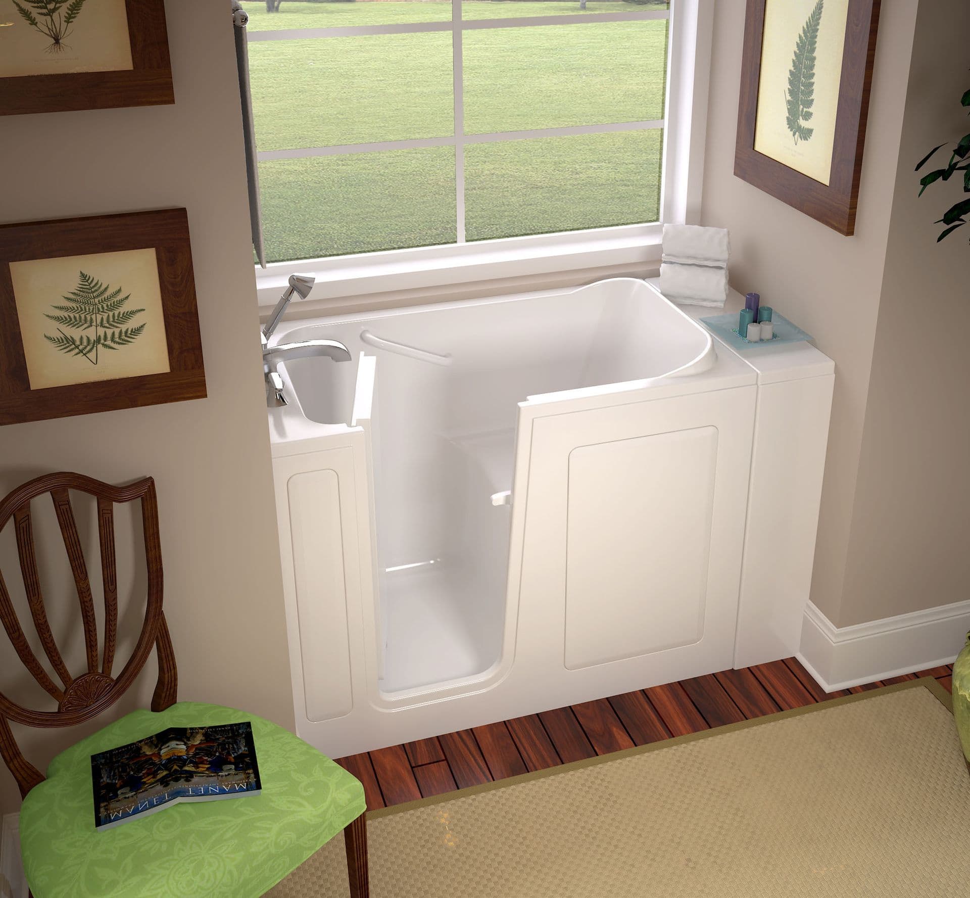 An accessible walk-in bathtub.