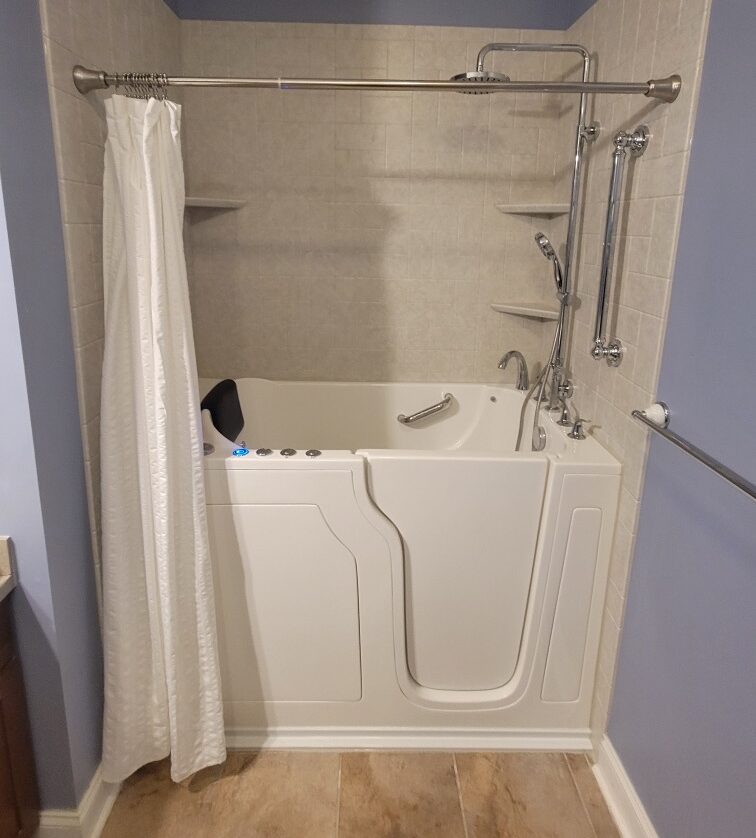 walk-in tub with safety and accessory features like grab bars