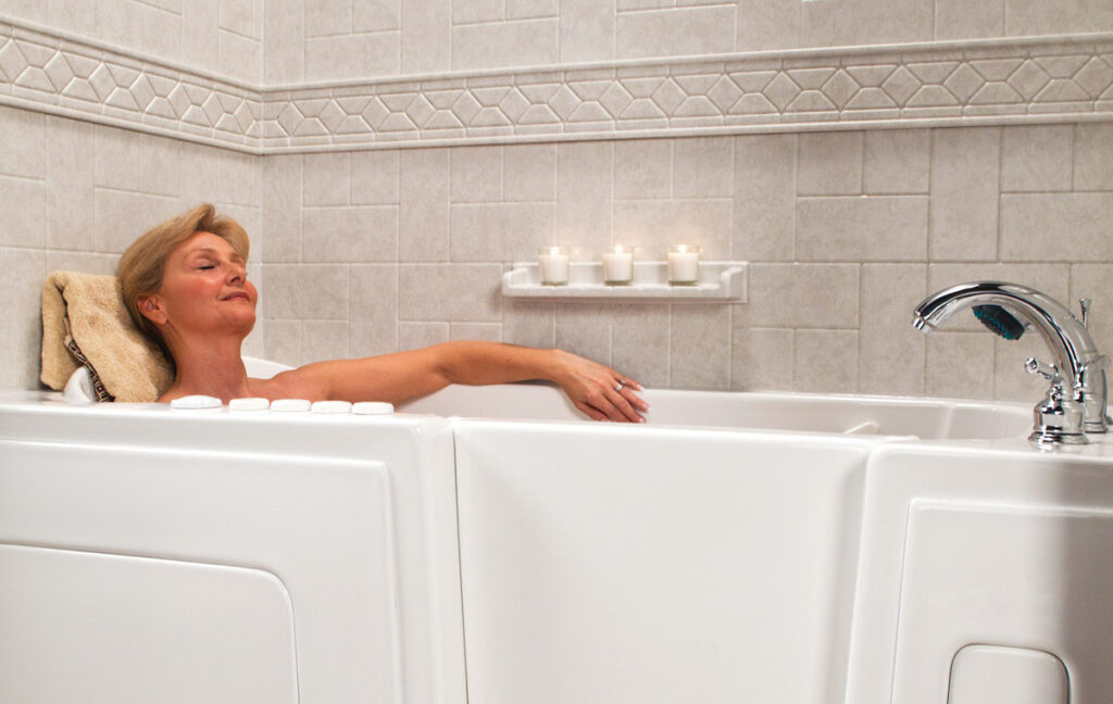 Woman relaxing in a walk-in tub after a long day of work